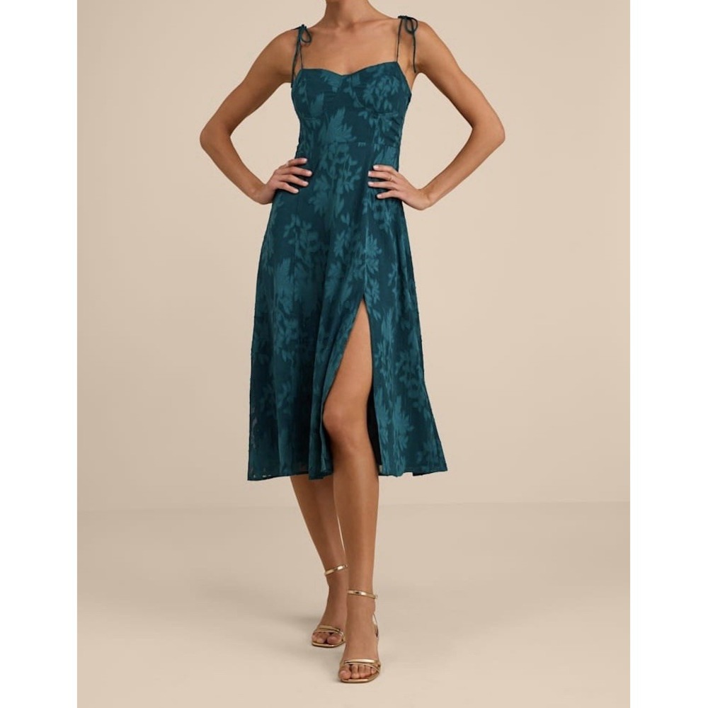Lulus Loveliest Looks Emerald Green Jacquard Tie-Strap Midi Dress XS